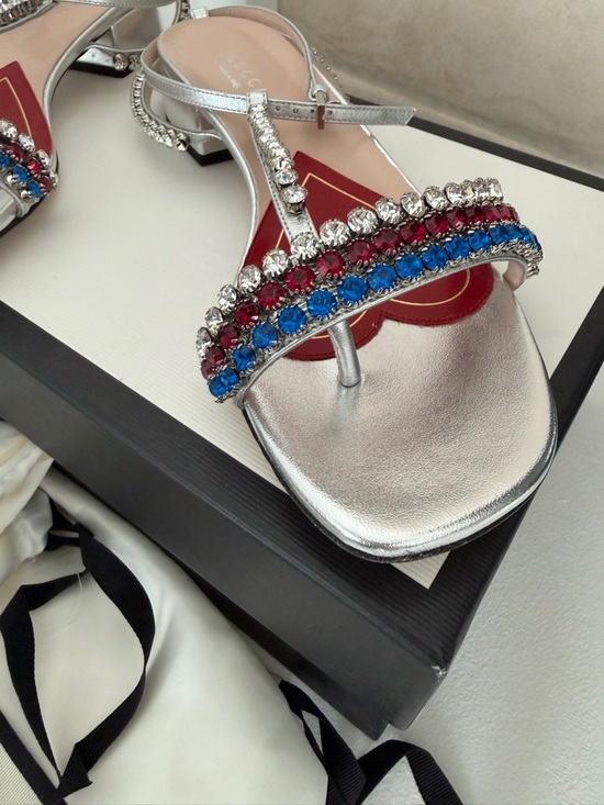 New Gucci Bertie Sandals with Red, Clear, and Blue Crystal Straps 37.5 - Picture 4 of 14